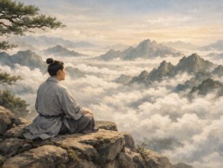 身穿布衣的年轻人在山顶看云AI示意图