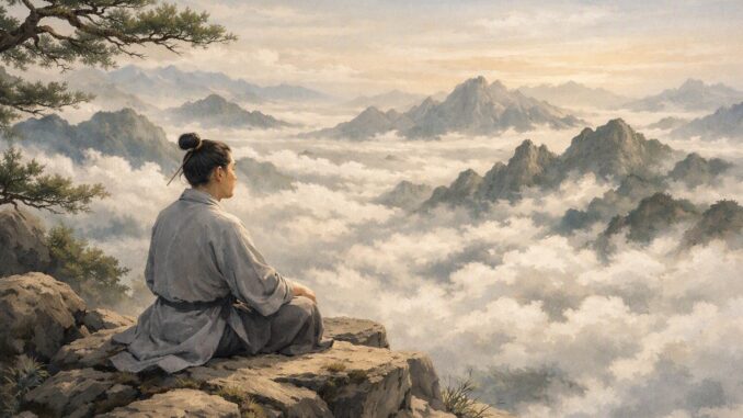 身穿布衣的年轻人在山顶看云AI示意图