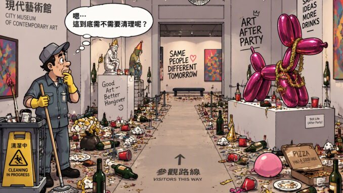 艺术馆展厅满地空酒瓶与彩纸的装置作品