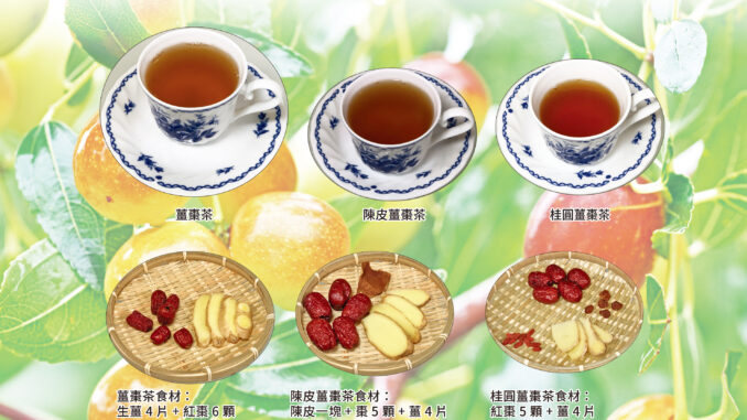 三杯姜枣茶与红枣、生姜等材料