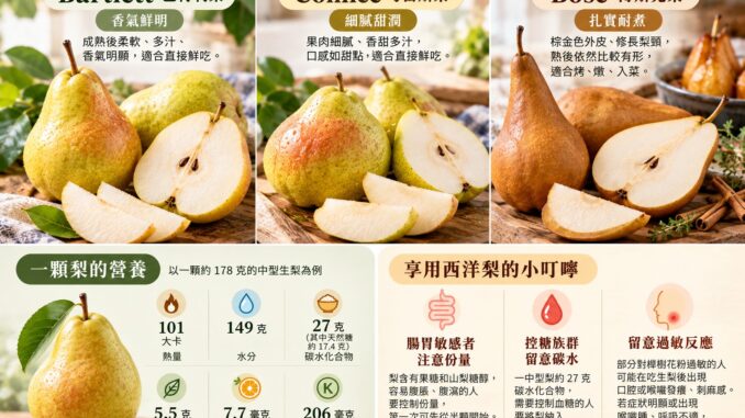 三款西洋梨品种与营养信息图
