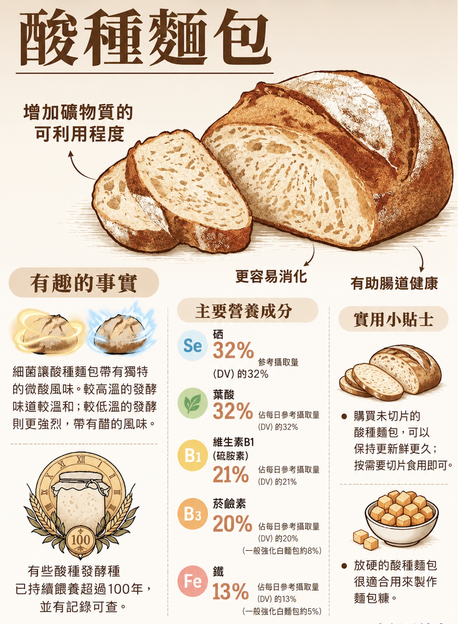 一片酸种面包的营养成分图表